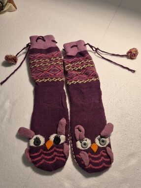 vintage Nick & Nora Purple Owl Slipper Socks L/Xl